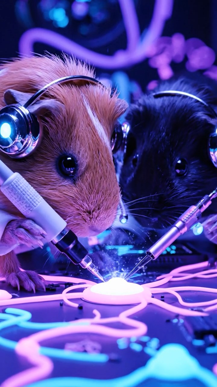 1717. Detailed scene of 1 smooth-haired Rex guinea pig with cinnamon fur, munching on timothy hay, at a neighborhood block party table with grills and balloons.